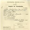 Registo de velocípede com o nº 3720, em nome de Pedro Fortunato de Oliveira Graça., morador em Colares.
