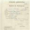 Registo de velocípede de marca Mauritania, com o nº 4389, em nome de Francisco Martinho, morador em Pero Pinheiro.