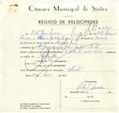 Registo de velocípede de marca FBM, com o nº 9430, em nome de Vítor José Névoa, morador em Rua José Antunes dos Santos, Sintra.