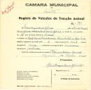 Registo de um veiculo de duas rodas tirado por dois animais de espécie muar destinado a transporte de mercadorias em nome de Mário Henrique Xavier Nogueira, morador na Rua L, Vivenda Maria Cândida, Bairro Santos.