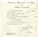 Registo de velocípede de marca Pombal, com o nº 8708, em nome de Avelino Jesus Esteves, morador em Algueirão.