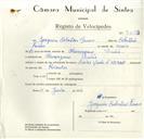 Registo de velocípede de marca Sachs, com o nº 9003, em nome de Joaquim Sebastião Ferreira, morador em Almoçageme.