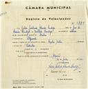 Registo de velocípede de marca Cycles Helios, com o nº 4779, em nome de Julieta Adelaide Abrantes Cantiga, moradora em Algueirão.