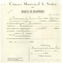 Registo de velocípede de marca Pombal, com o nº 5540, em nome de Domingos de Sousa Pais, morador em Lameiras.