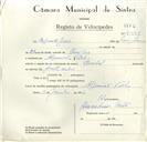 Registo de velocípede de marca Pombal, com o nº 8998, em nome de Augusto José, morador em Algueirão Velho.