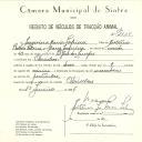 Registo de um veiculo de duas rodas tirado por um animal de espécie asinina destinado a transporte de mercadorias em nome de Joaquina Maria Sapina, moradora em Odrinhas. 