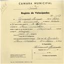 Registo de velocípede de marca Nacional, com o nº 1457, em nome de Fernando Moncado, morador em Mem Martins.