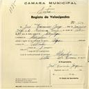 Registo de velocípede de marca Olga, com o nº 539, em nome de José Francisco Jorge, morador em Aldeia Galega.