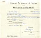 Registo de velocípede de marca Cinal Pachancho, com o nº 9425, em nome de João Pereira, morador em Massamá.