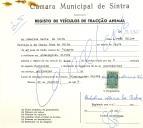 Registo de um veiculo de duas rodas tirado por dois animais de espécie asinina destinado a transporte de mercadorias em nome de Umbelina Maria da Silva, moradora em Almoçageme, Sintra.