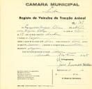 Registo de um veiculo de duas rodas tirado por dois animais de espécie muar destinado a transporte de mercadorias em nome de Ezequiel Miguel Pedroso, morador na Várzea.