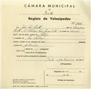 Registo de velocípede com o nº 3416, em nome de João José Pinto, morador em Mem Martins.