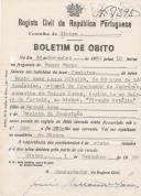 Boletim de óbito de Maria Rosa Lopes Ribeiro, morador em Sintra no Bairro da Portela,, sepultado no coval nº 7395 , do cemitério de S. Marçal.