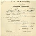 Registo de velocípede de marca Oriental, com o nº 2602, em nome de José Luís Amaro, morador em Pero Pinheiro.