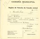 Registo de um veiculo de quatro rodas tirado por dois animais de espécie bovina destinado a transporte de mercadorias em nome de Vistas & Vistas Irmão, sediada em Pero Pinheiro.