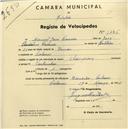 Registo de velocípede de marca Champion, com o nº 1426, em nome de Manuel José Correia, morador em Colares.