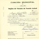 Registo de um veiculo de duas rodas tirado por um animal de espécie muar destinado a transporte de mercadorias em nome de Jaime Sand Feld, morador no Linhó.