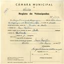 Registo de velocípede de marca Hunter, com o nº 4222, em nome de Augusto Ferreira de Albuquerque, morador em Mem Martins.