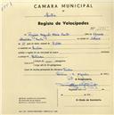 Registo de velocípede com o nº 1845, em nome de Rogério Augusto Maia Santos, morador em Sintra.