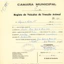 Registo de um veiculo de duas rodas tirado por um animal de espécie cavalar destinado a transporte de mercadorias em nome de Águas de Sintra, Ldª morador na Rua João de Deus, Sintra.