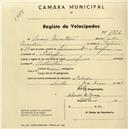 Registo de velocípede com o nº 1726, em nome de Mário Martins, morador em Sabugo.