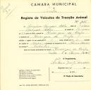 Registo de um veiculo de duas rodas tirado por dois animais de espécie muar destinado a transporte de mercadorias em nome de Joaquim Marques Adão, morador em Almargem do Bispo.
