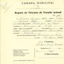 Registo de um veiculo de duas rodas tirado por dois animais de espécie muar destinado a transporte de mercadorias em nome de Joaquim Marques Adão, morador em Almargem do Bispo.