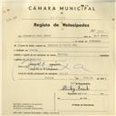 Registo de velocípede de marca Phillips, com o nº 3911, em nome de Margorie Ruth Hawes, moradora em Queluz.