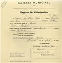 Registo de velocípede com o nº 1540, em nome de Acácio da Silva Reis, morador em Linhó.