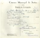 Registo de velocípede de marca Nacional, com o nº 8993, em nome de António Manuel Gomes Barracho, morador em Tala.