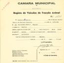 Registo de um veiculo de duas rodas tirado por dois animais de espécie bovina destinado a transporte de mercadorias em nome de Casimiro Livreiro, morador em Negrais.