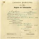 Registo de velocípede de marca Pombal, com o nº 2804, em nome de Luís Leiria, morador em Mucifal.