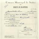 Registo de velocípede de marca Raio com motor, com o nº 5441, em nome de Manuel Esteves Soares, morador em Sintra.