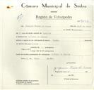 Registo de velocípede de marca Pombal, com o nº 9002, em nome de Joaquim Freire de Sousa, morador em S. Pedro de Sintra.