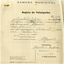 Registo de velocípede de marca Nacional, com o nº 1139, em nome de Agostinho Esteves, morador em Algueirão.