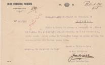 Ofício do Sub Diretor da Policia Internacional Portuguesa, José Catela, ao Administrador do Concelho de Sintra, acusando a receção de um ofício, o qual dá informações de estrangeiros residentes na Vila de Sintra.