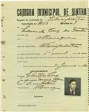 Registo de matricula de velocipedista em nome de Eduardo Luís dos Santos, morador em Albarraque, com o nº de inscrição 1843.