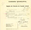 Registo de um veiculo de duas rodas tirado por dois animais de espécie bovina destinado a transporte de mercadorias em nome de Artur António Calaim, morador na Ribeira de Rio de Cões.