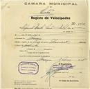 Registo de velocípede de marca Diamant, com o nº 1065, em nome de Orfanato Escola Santa Isabel, em Albarraque.