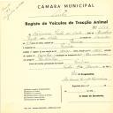 Registo de um veiculo de duas rodas tirado por dois animais de espécie cavalar destinado a transporte de mercadorias em nome de Casimiro Pinto da Costa, morador no Penedo.