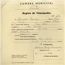 Registo de velocípede com o nº 455, em nome de Tomás, morador em Mem Martins.