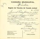 Registo de um veiculo de duas rodas tirado por dois animais de espécie bovina destinado a transporte de mercadorias em nome de Manuel Pedro Janicas, morador em Almargem do Bispo.