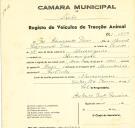 Registo de um veiculo de duas rodas tirado por dois animais de espécie muar destinado a transporte de mercadorias em nome de José Raimundo Torres, morador em Almoçageme.