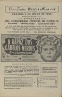 Programa do filme "O Rapaz dos Cabelos Verdes" com a participação de Dore Schary, Pat O'Brien, Robert Ryan, Barbara Hale e Dean Stockwell.