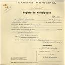 Registo de velocípede com o nº 723, em nome de João Farinha, morador em Cacem.