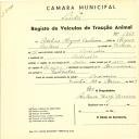 Registo de um veiculo de duas rodas tirado por um animal de espécie asinina destinado a transporte de mercadorias em nome de Adelino Miguel Caetano, morador na Codiceira.