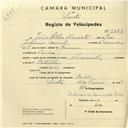 Registo de velocípede de marca Nacional, com o nº 2883, em nome de João Lobo Duarte, morador em Paiões.
