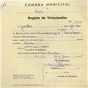 Registo de velocípede com o nº 1887, em nome de José Alves, morador em Rio de Mouro.