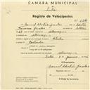 Registo de velocípede de marca Flecha, com o nº 2269, em nome de Manuel Sebastião Gaiolas, morador em Albarraque.