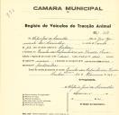 Registo de um veiculo de duas rodas tirado por dois animais de espécie muar destinado a transporte de mercadorias em nome de Alípio José de Carvalho, morador na Quinta dos Espinheiros na Venda Seca.